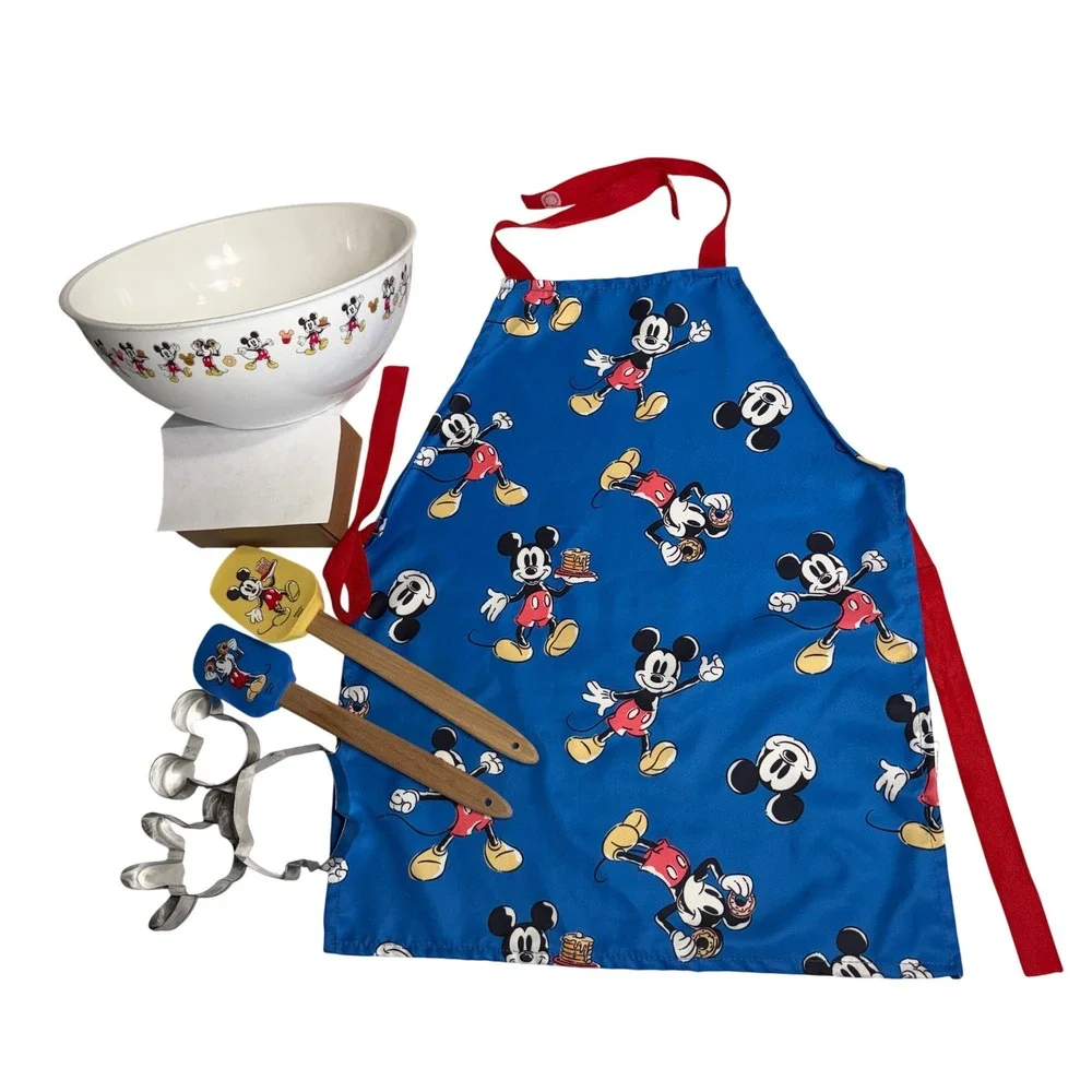 Disney Mickey Mouse Kids 7pc Baking Set Apron Bowl Spatulas Cookie Cutters Sz6/7